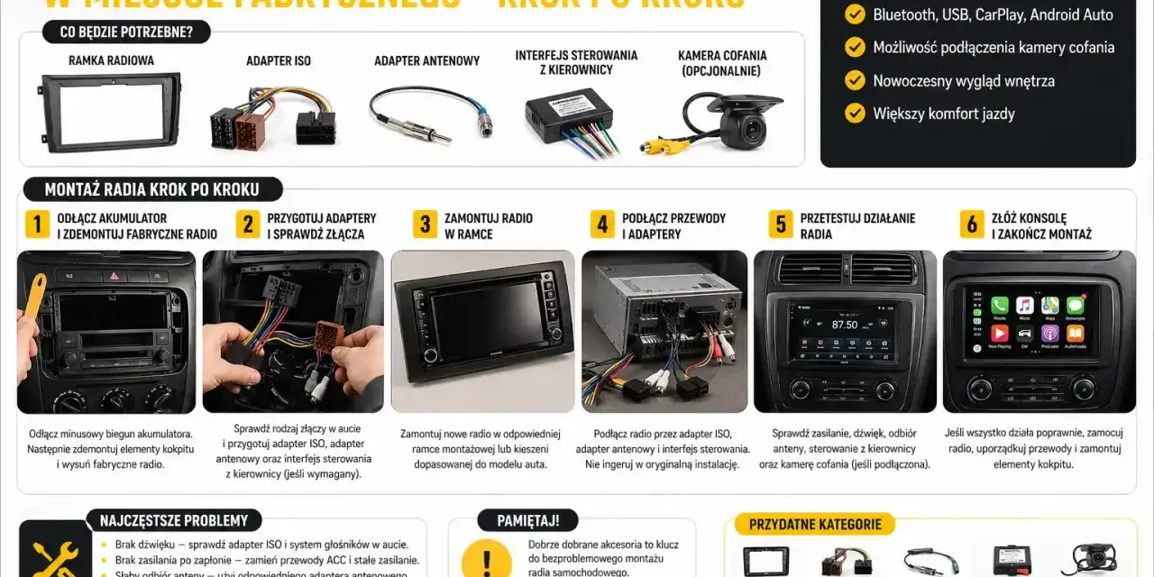 Schemat podłączenia radia samochodowego Pioneer: ramka, adaptery ISO, antenowy, interfejs sterowania z kierownicy. Montaż krok po kroku.