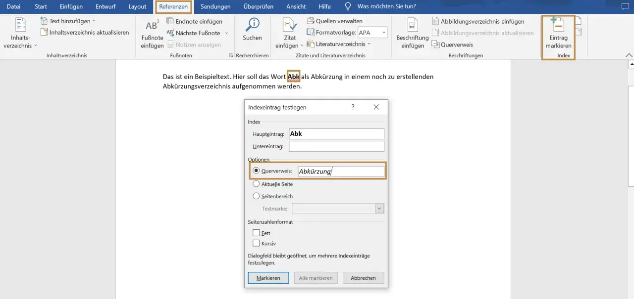 Word: Indexeintrag festlegen. "Abk" wird als Abkürzung markiert, mit Verweis auf "Abkürzung".