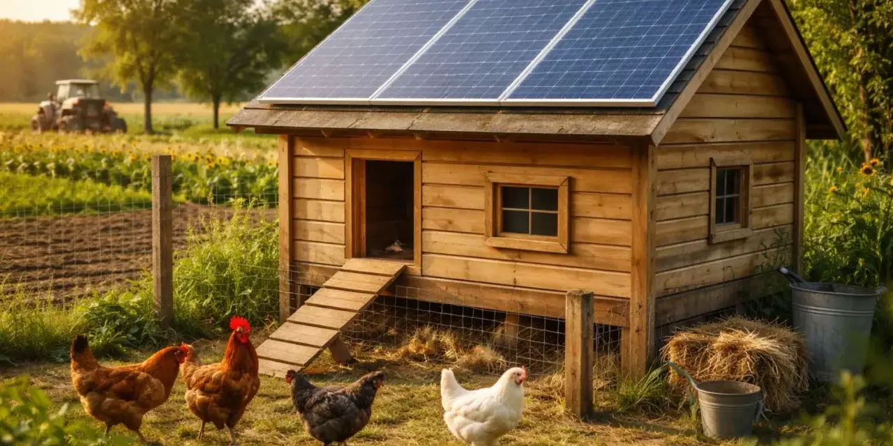Kurnik z panelami fotowoltaika off grid. Kury spacerują po trawie. W tle pole i traktor.