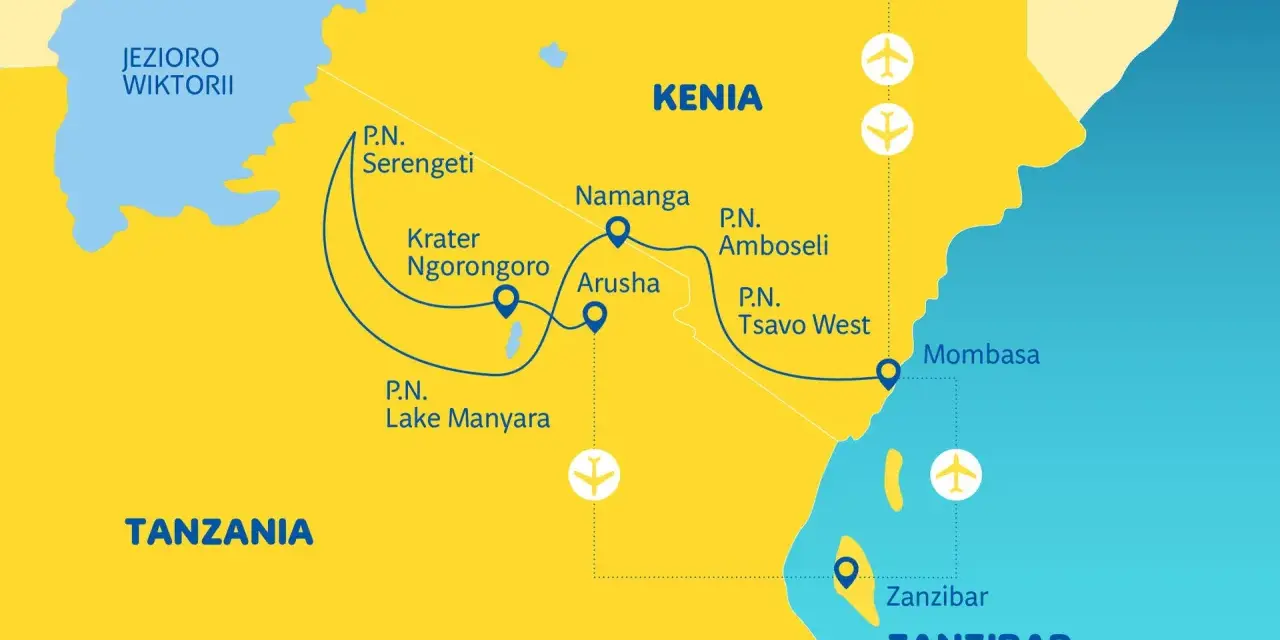Mapa turystyczna Kenii i Tanzanii z zaznaczonymi parkami narodowymi, miastami i trasami podróży.