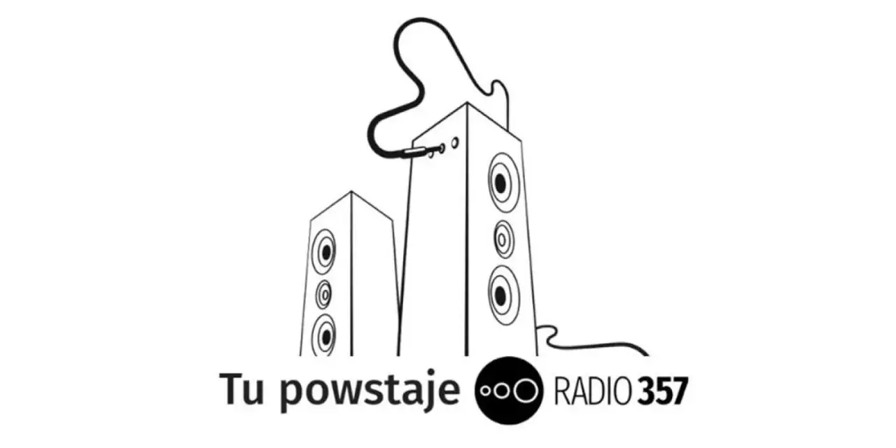 Dwa głośniki połączone kablem, symbolizujące dźwięk i muzykę. Logo RADIO 357.