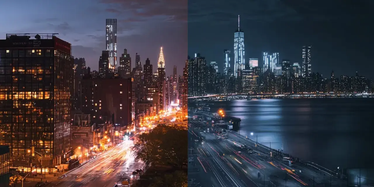 Dwa nocne widoki Nowego Jorku, po lewej z Chrysler Building, po prawej z One World Trade Center. Efekt denoise AI podkreśla blask świateł.
