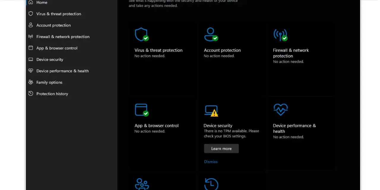 Interfejs Windows Defender pokazuje status ochrony: wirusów, sieci, konta i urządzenia. Wszystko działa poprawnie.