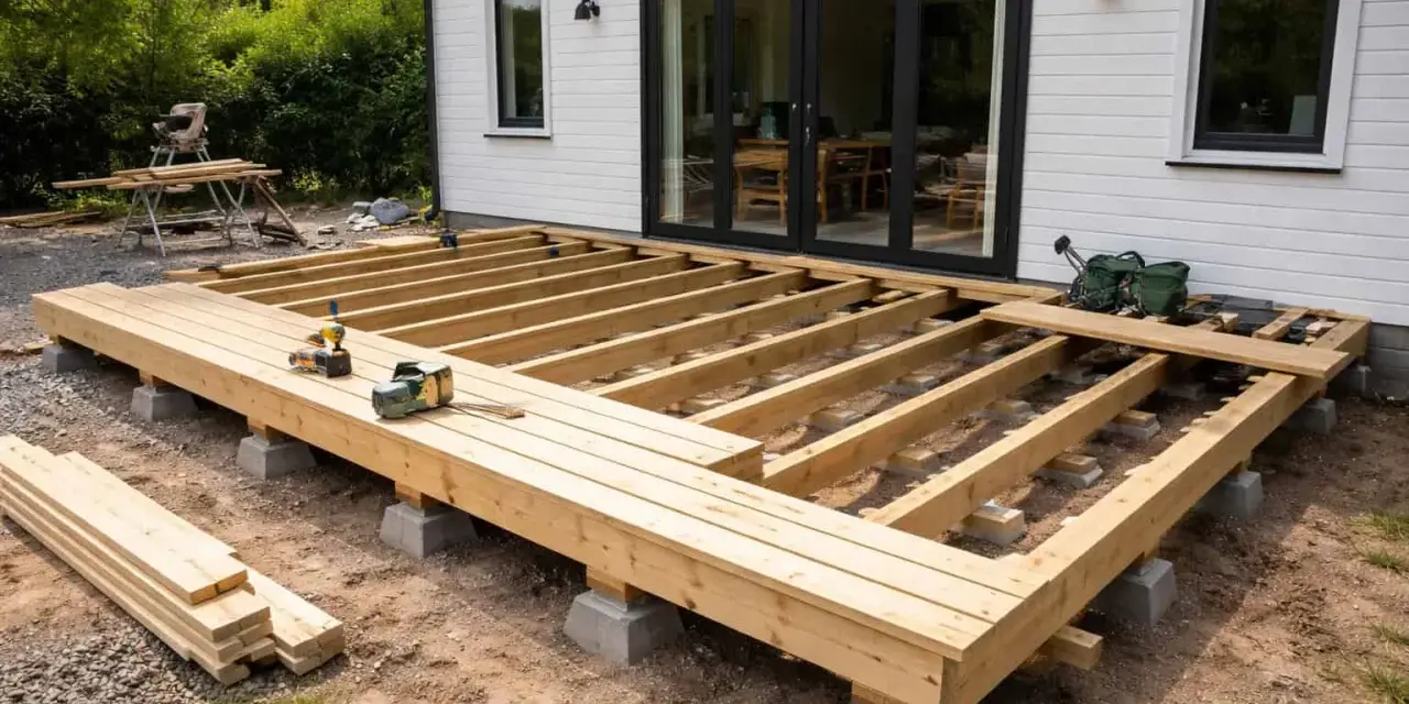 Grundstomme för altan byggs. Träbjälkar på betongplintar, redo att bygga altan. Verktyg ligger redo.