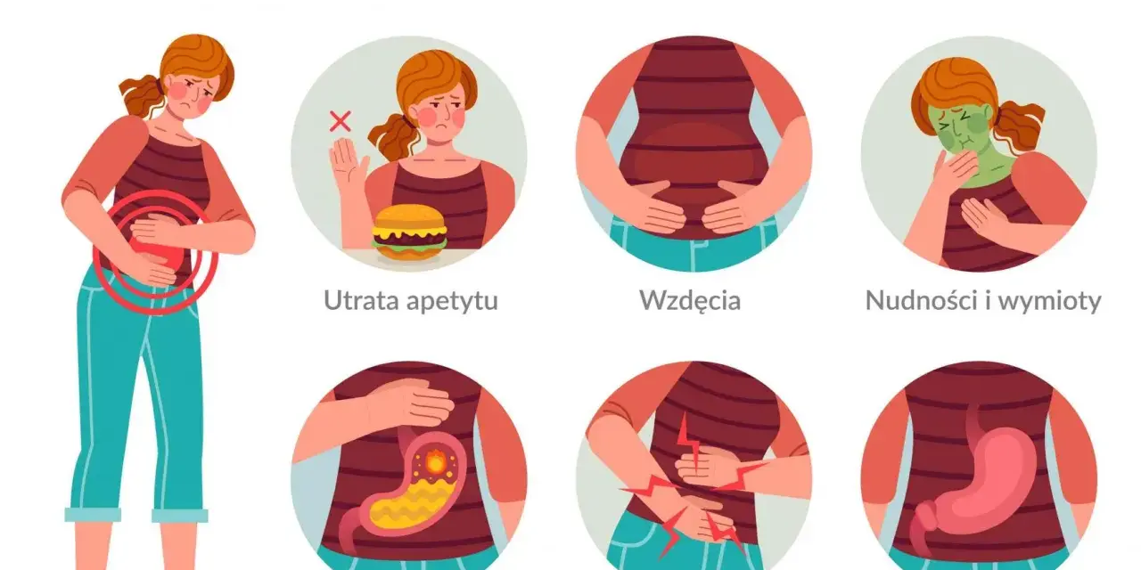 Ilustracja pokazuje objawy chorób układu pokarmowego, w tym bóle brzucha, nudności, wzdęcia i niestrawność, które mogą być związane z gastroparezą.