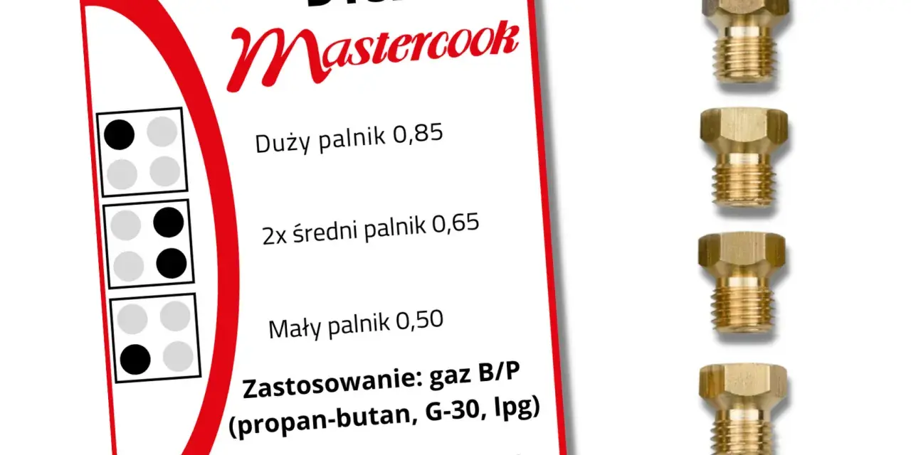 Dysze Mastercook do kuchenki gazowej na czysty propan-butan. Zestaw zawiera dysze do dużego, średnich i małego palnika.