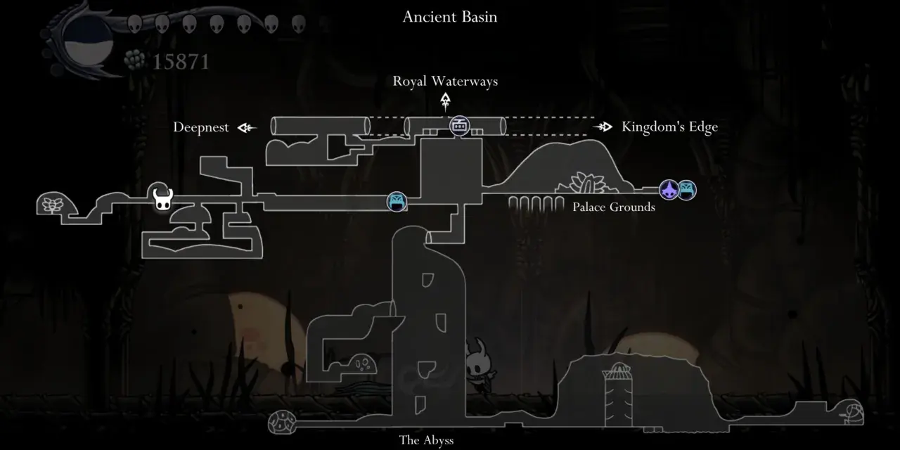 Mapa de Ancient Basin en Hollow Knight, mostrando el camino a Deepnest, Royal Waterways y Kingdom's Edge. Se ven fragmentos de vasija.