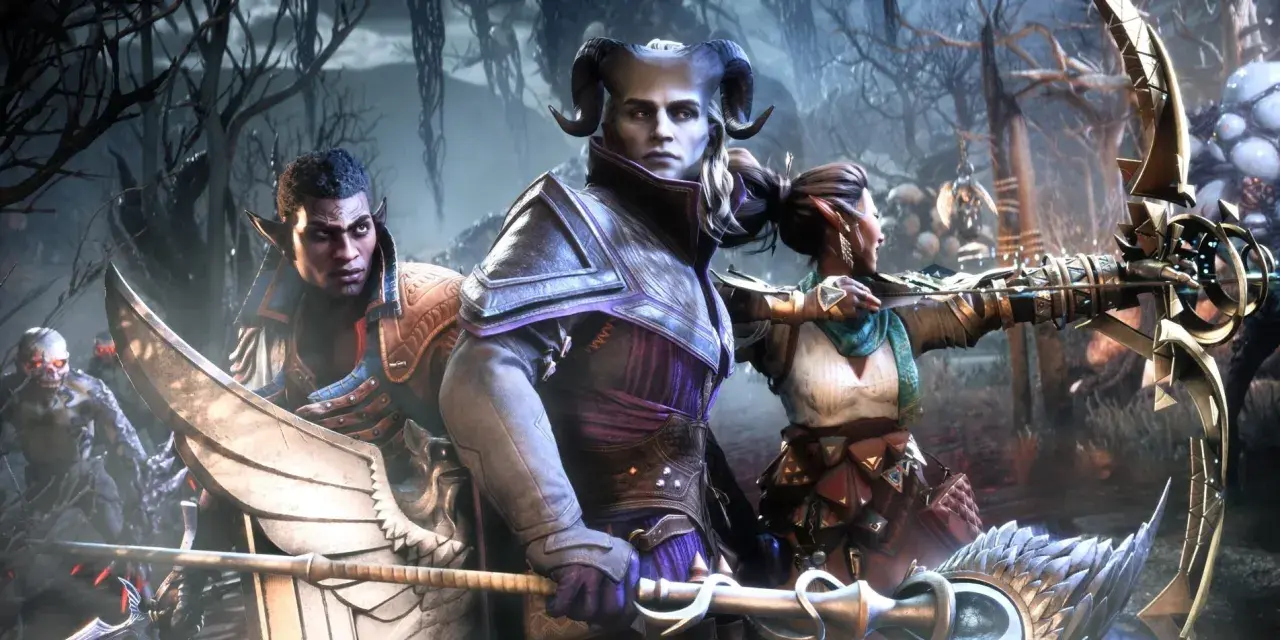Trzej bohaterowie, w tym elf, demon i łuczniczka, przygotowują się do walki w mrocznym lesie. Zapowiada się epicka przygoda w Dragon Age 4.