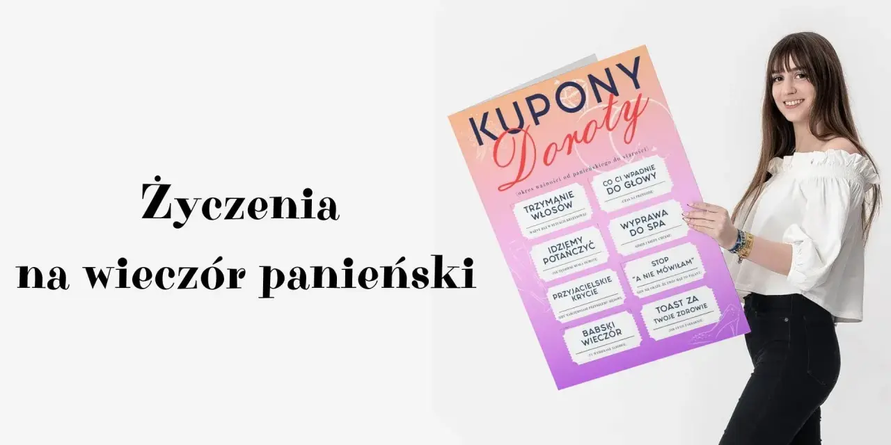 Wzruszające życzenia na wieczór panieński na plakatach z kuponami. Uśmiechnięta dziewczyna prezentuje kolorowe kupony.
