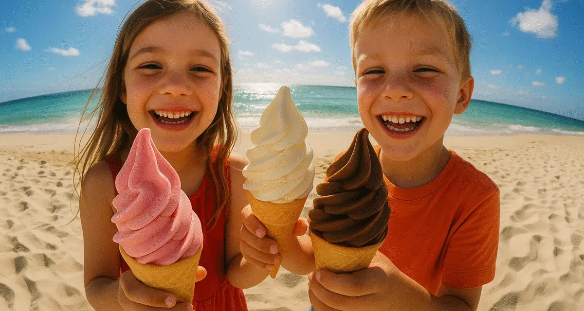 Zwei glückliche Kinder am Strand mit Eis. Der süße Geschmack von Glucose Zucker auf der Zunge.