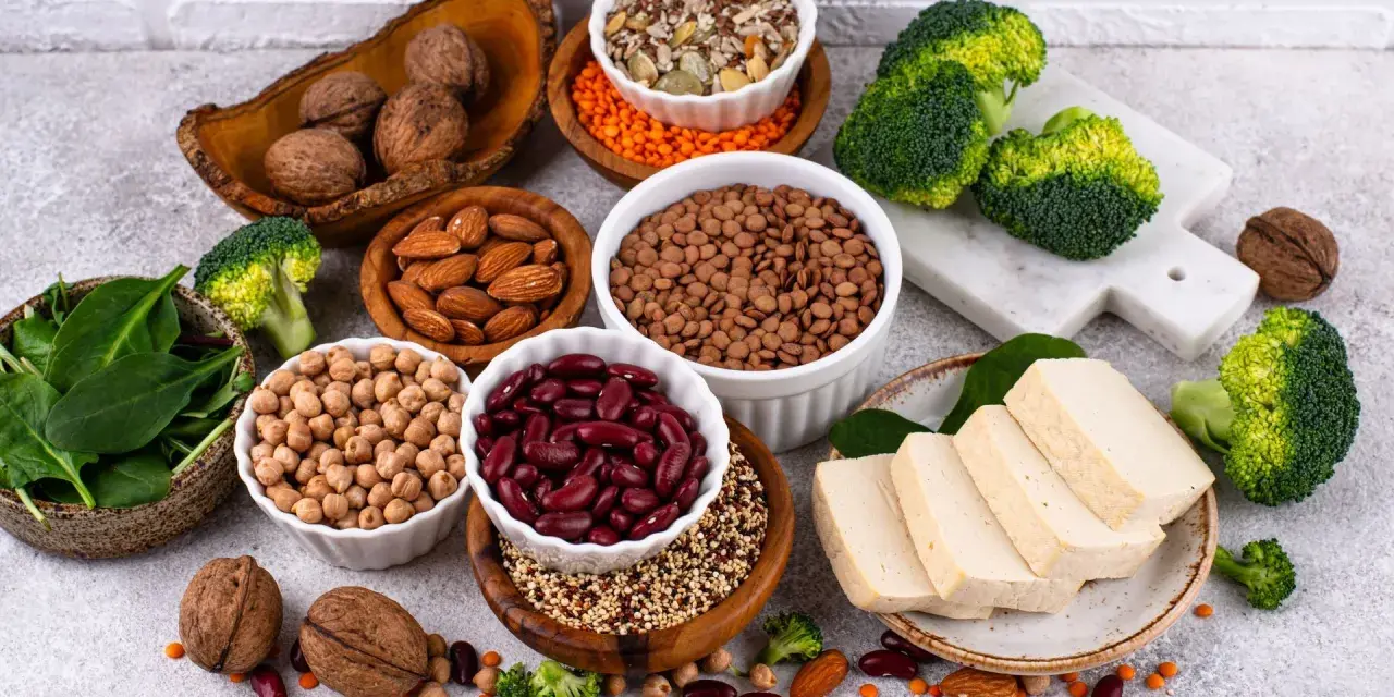 Un assortiment coloré de graines, noix, légumineuses et tofu, offrant une variété de protéines végétales pour une alimentation saine.