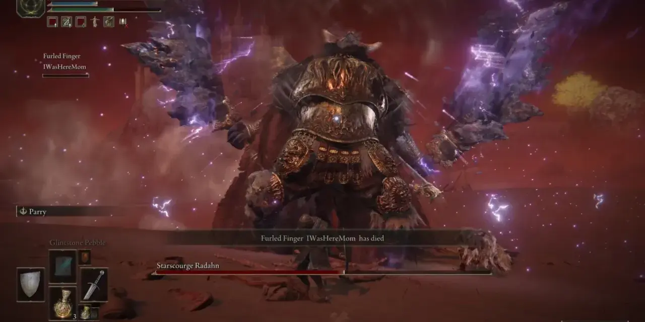 Enfrentamiento épico contra Starscourge Radahn, uno de los jefes más temidos de Elden Ring. ¡La batalla es intensa!