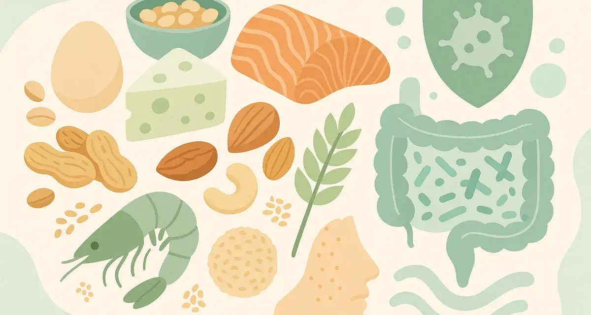 Illustration d'allergènes alimentaires courants (oeuf, fromage, poisson, noix, crevettes) et d'un visage avec des symptômes d'allergie. L'image suggère les allergie noisette symptômes.