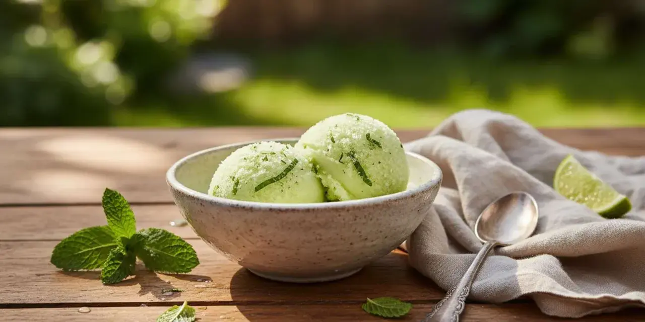 Zwei Kugeln Minz-Limetten-Eis in einer Schale, garniert mit Minze und Limettenschale. Perfekt, um den zuckergehalt messen.