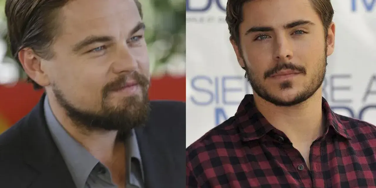 Leonardo DiCaprio y Zac Efron, ambos con estilosas barbas cuadradas, posan para la cámara.