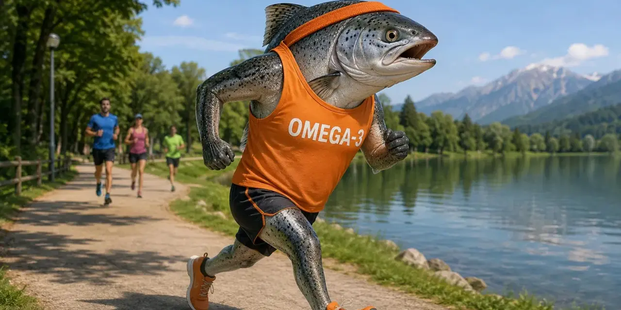 Un salmone con la scritta "Omega-3" corre su un sentiero, superando altri runner. Un esempio di come gli omega 6 e 3 supportano uno stile di vita attivo.
