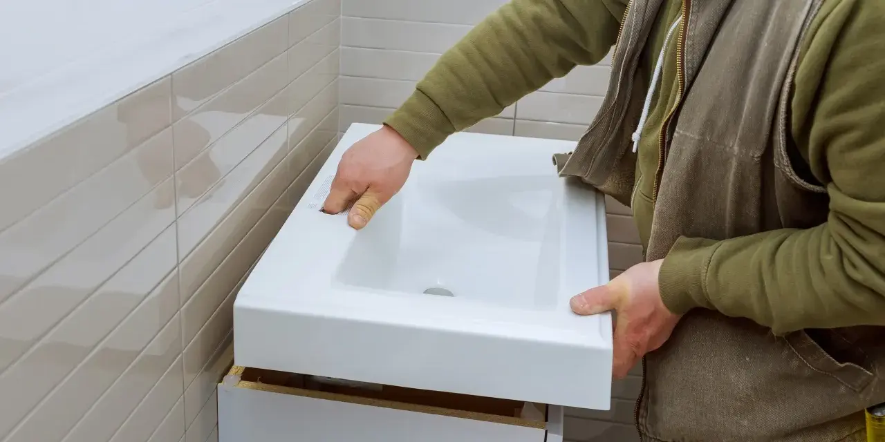 Installation d'un lavabo blanc. L'installateur vérifie la hauteur de l'arrivée d'eau du lavabo avant de le fixer.