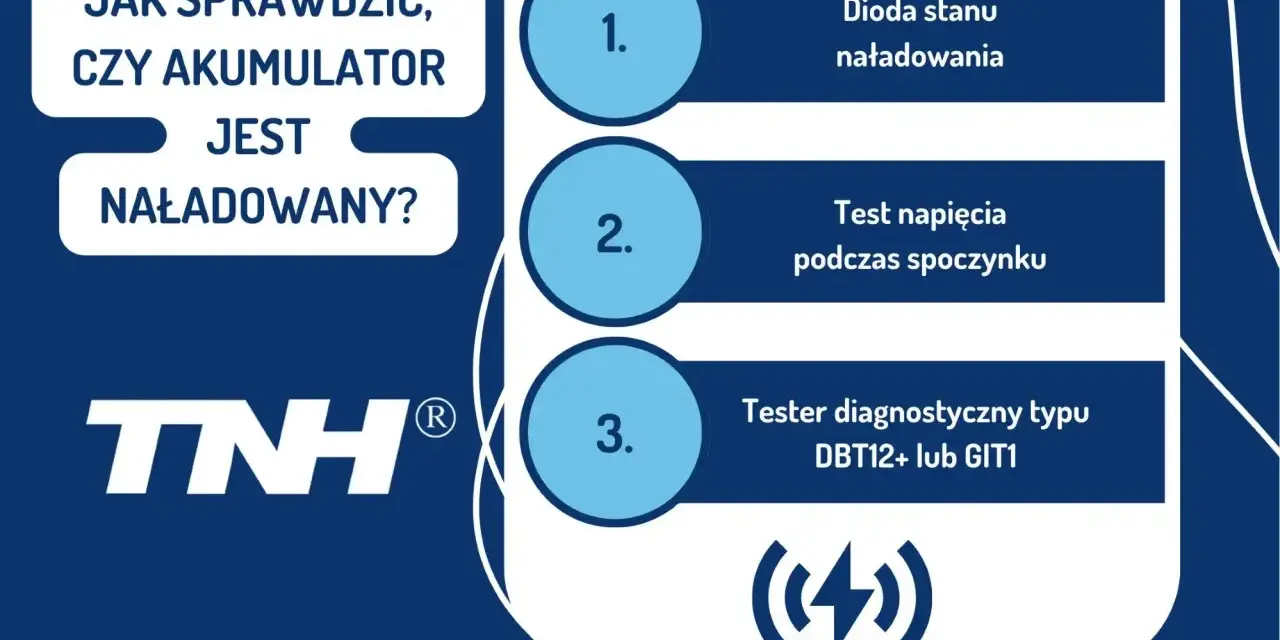 Jak sprawdzić akumulator: dioda stanu, test napięcia, tester diagnostyczny. Logo TNH.