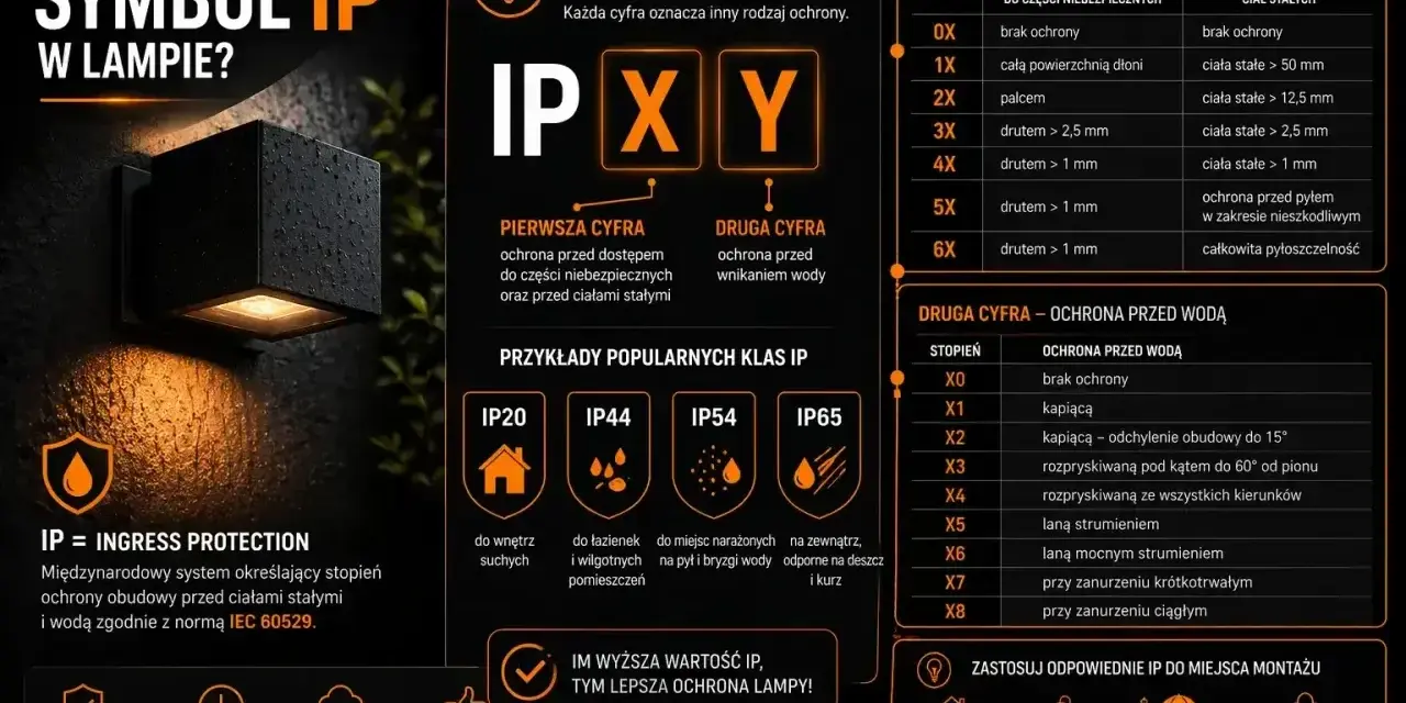 Lampa zewnętrzna z oznaczeniem IP44 chroni przed bryzgami wody i ciałami stałymi.