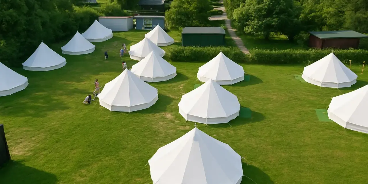 Malowniczy glamping nad morzem: białe namioty tipi na zielonej trawie, otoczone drzewami. Idealne miejsce na relaks.