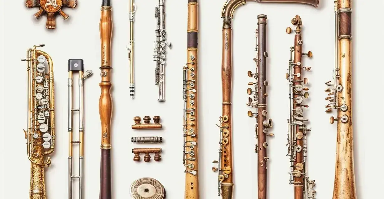 Kolekcja drewnianych instrumentów muzycznych, w tym klarnet, flet i saksofon, prezentuje różnorodne nazwy i formy.