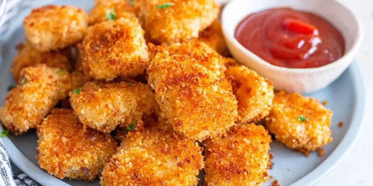 Chrupiące nuggetsy z airfryer, idealne do maczania w keczupie.