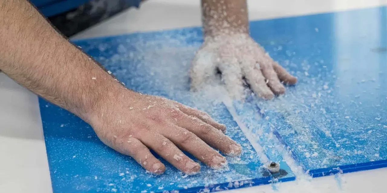 Hands guide a router, creating a clean cut on a blue plexiglass sheet, leaving a trail of white shavings. This is how you cut plexiglass with a router.