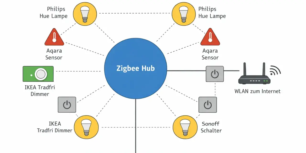 Zigbee 3.0 Mesh-Netzwerk mit Hub, Lampen, Sensoren, Dimmern und Schaltern. Ein WLAN-Router verbindet das System mit dem Internet. Was ist Thread? Ein ähnliches Protokoll für Smart Homes.