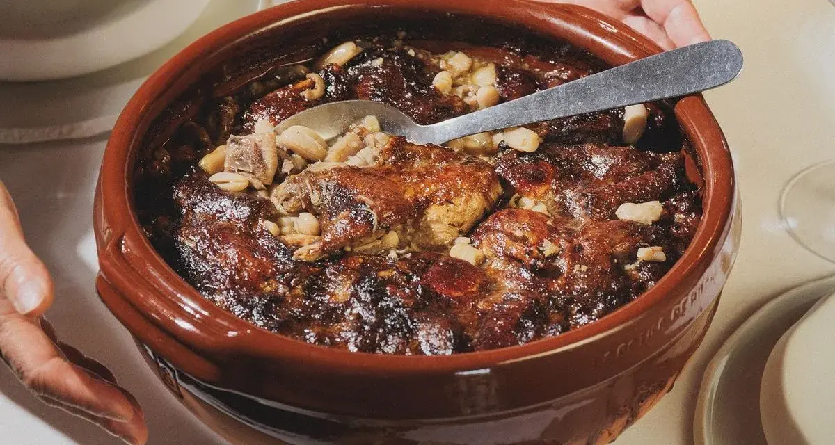 Un plat en terre cuite débordant de haricots blancs, de morceaux de viande dorée et de saucisses, prêt à être dégusté. La recette du vrai cassoulet traditionnel, un délice réconfortant.