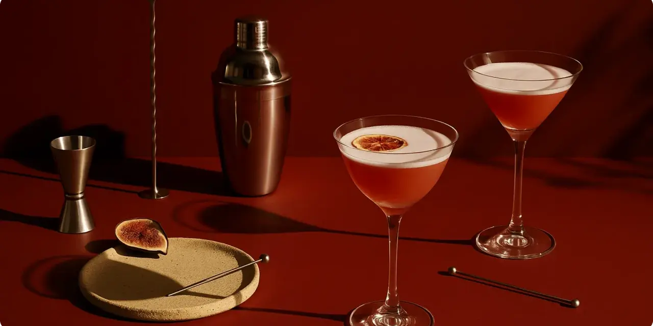 Elegancki drink z czerwonym winem, ozdobiony plasterkiem cytrusa, obok shakera i kieliszka z pianką.
