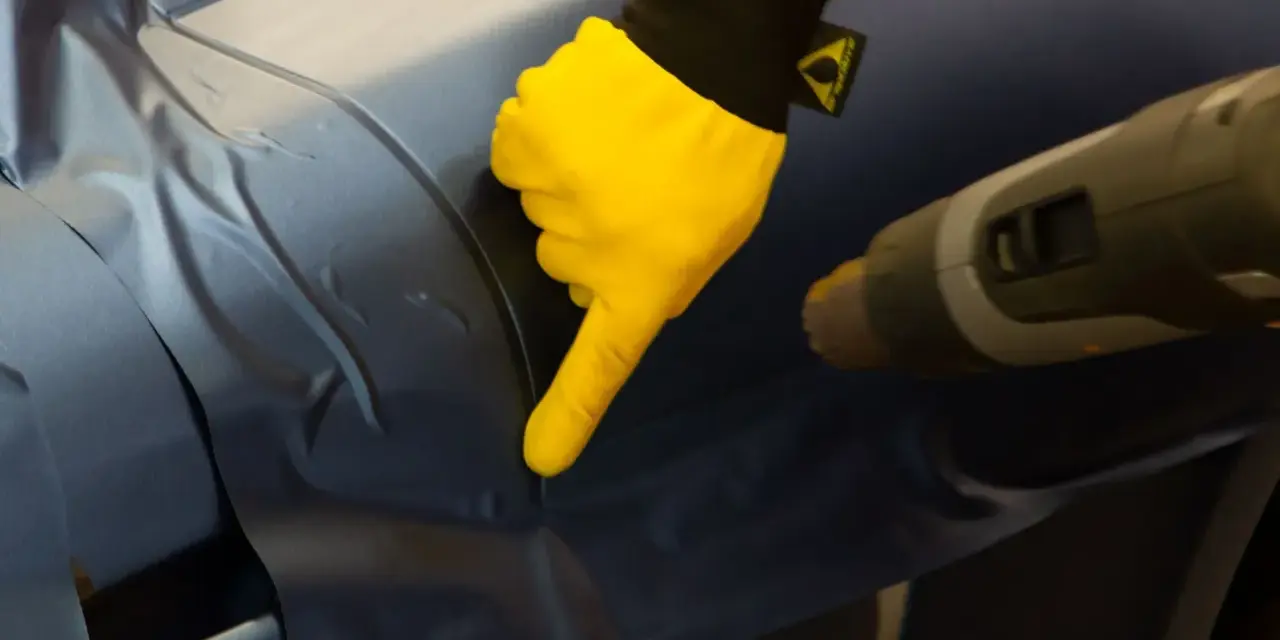 Gul handske pekar på bilens yta där foliering ska tas bort med värmepistol.