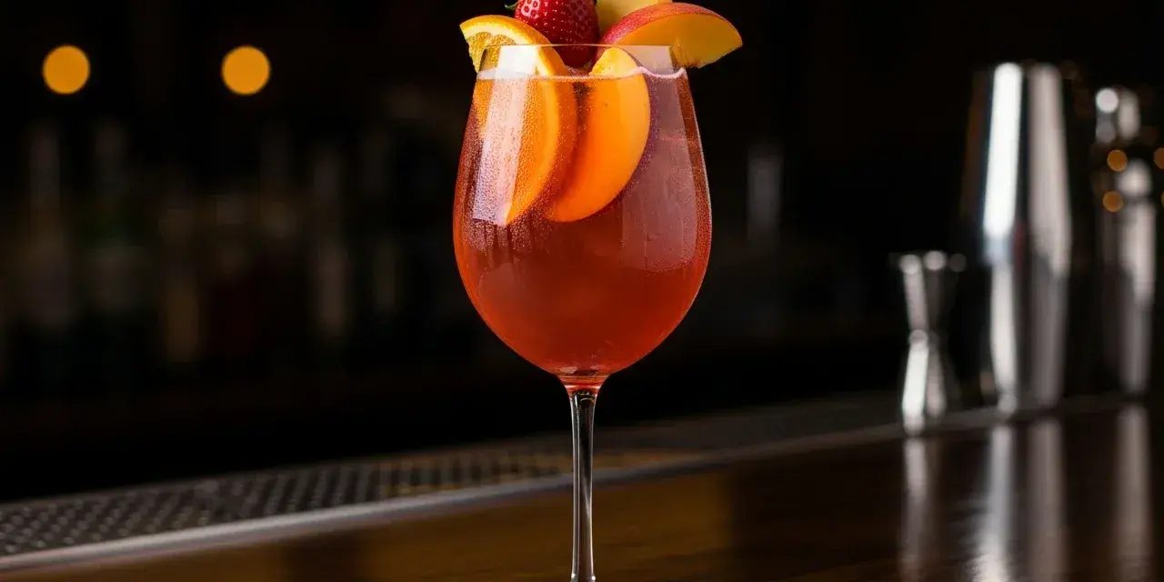 Ett glas med röd cava sangria, garnerat med apelsinskivor, jordgubbe och persika.