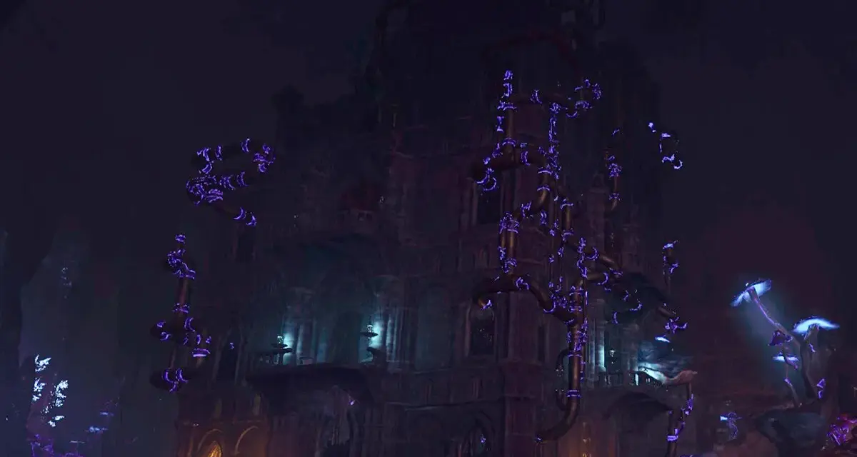 La imponente torre arcana BG3 se alza en la penumbra, rodeada de extraños hongos luminiscentes y tuberías que brillan con energía púrpura.