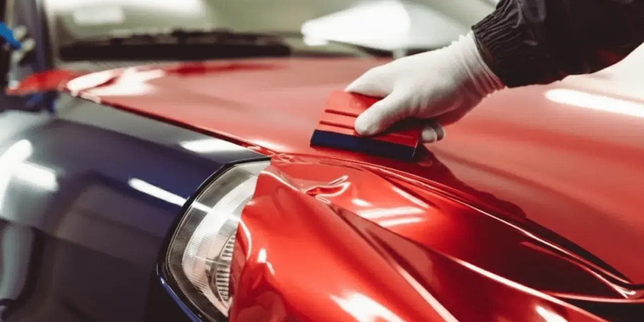 A gloved hand uses a squeegee to apply a shiny red diy car wrap over a blue car fender.
