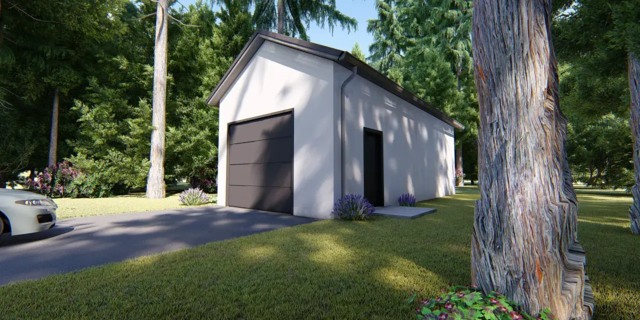 Nowoczesny projekt garażu 35m2 bez pozwolenia, otoczony zielenią. Idealne rozwiązanie dla Twojej posesji.