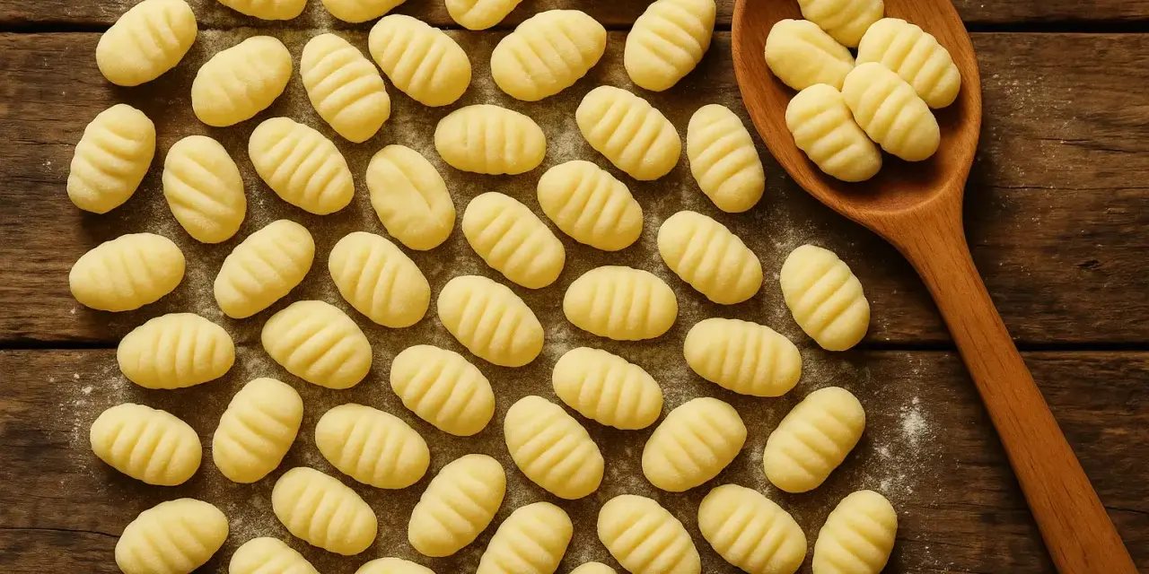 Frische Gnocchi Nudeln, liebevoll geformt und auf einem rustikalen Holztisch arrangiert, einige davon auf einem Holzlöffel.