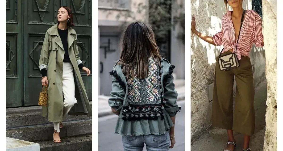 Trois femmes portent des tenues stylées. L'une arbore une tenue avec veste kaki, pantalon blanc et trench. Une autre porte une veste kaki ornée de motifs ethniques. La troisième est en pantalon kaki et chemise rayée.
