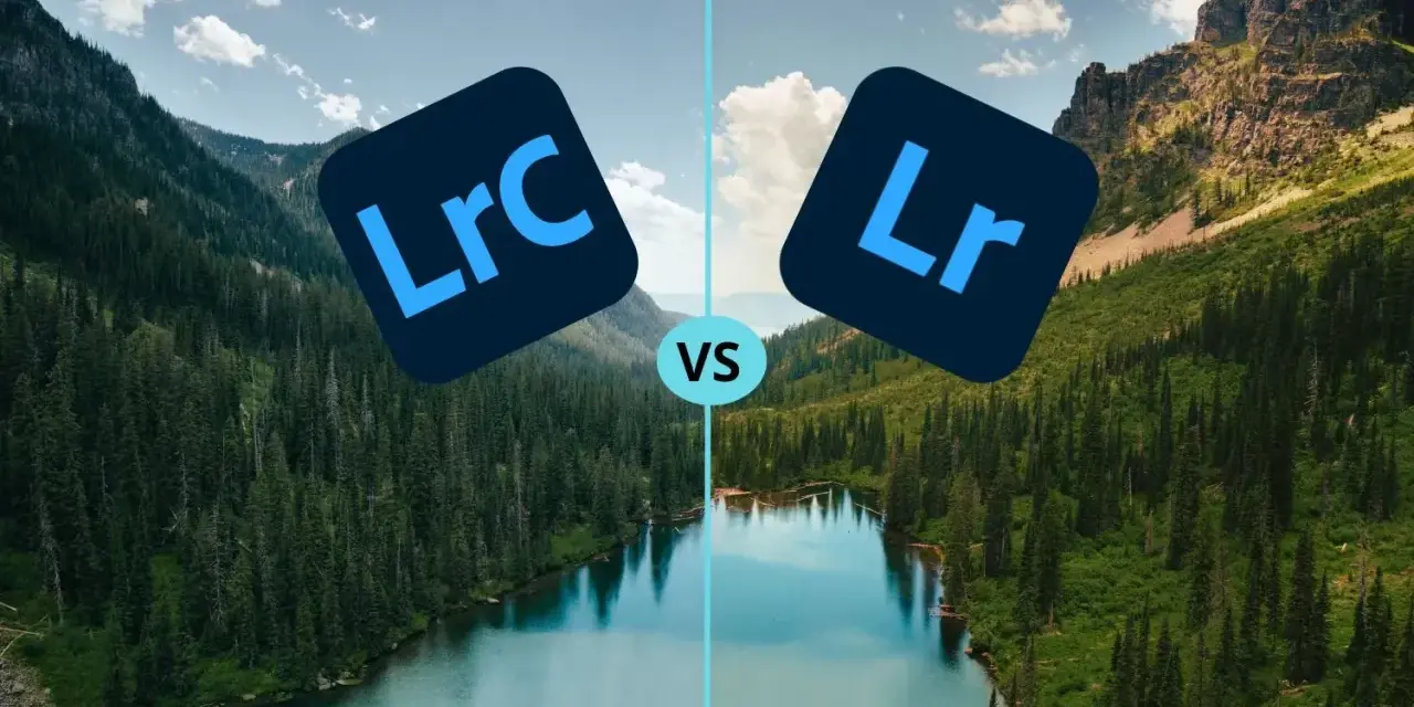 Comparaison visuelle entre Lightroom Classic (LRC) et Lightroom (LR) sur un paysage de montagne et de lac.