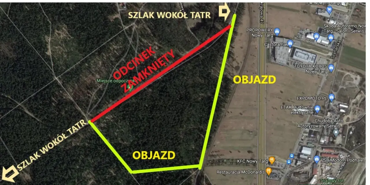 Mapa z zaznaczonym objazdem na Szlaku Wokół Tatr. Odcinek zamknięty, wyznaczono trasę objazdu. Idealna na rowerem dookoła Tatr w jeden dzień.