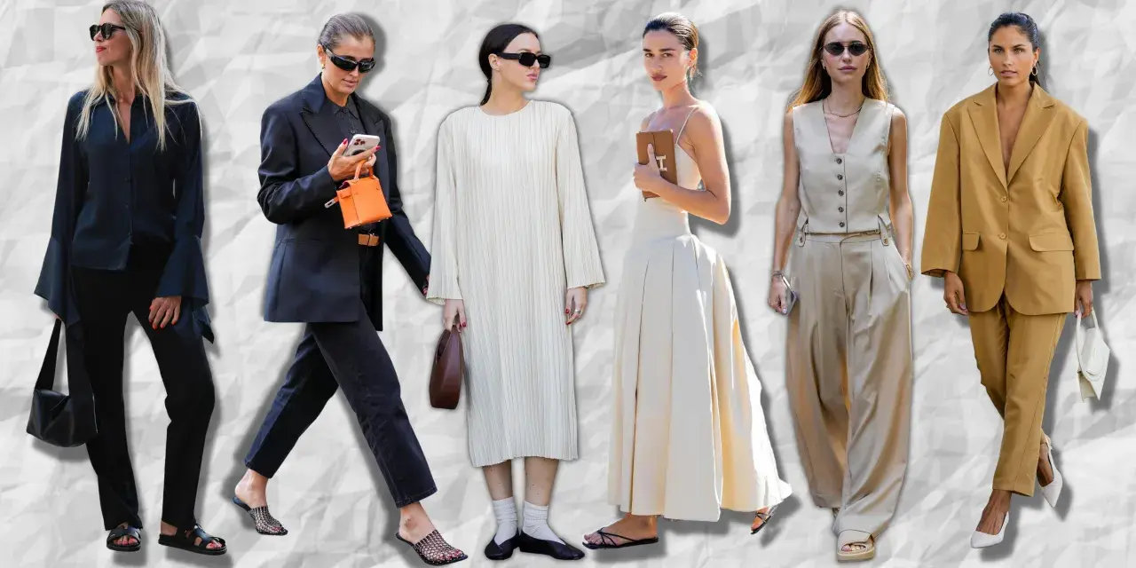 Seis mujeres lucen elegantes outfits para el primer día de trabajo: trajes sastre, vestidos y pantalones anchos en tonos neutros.