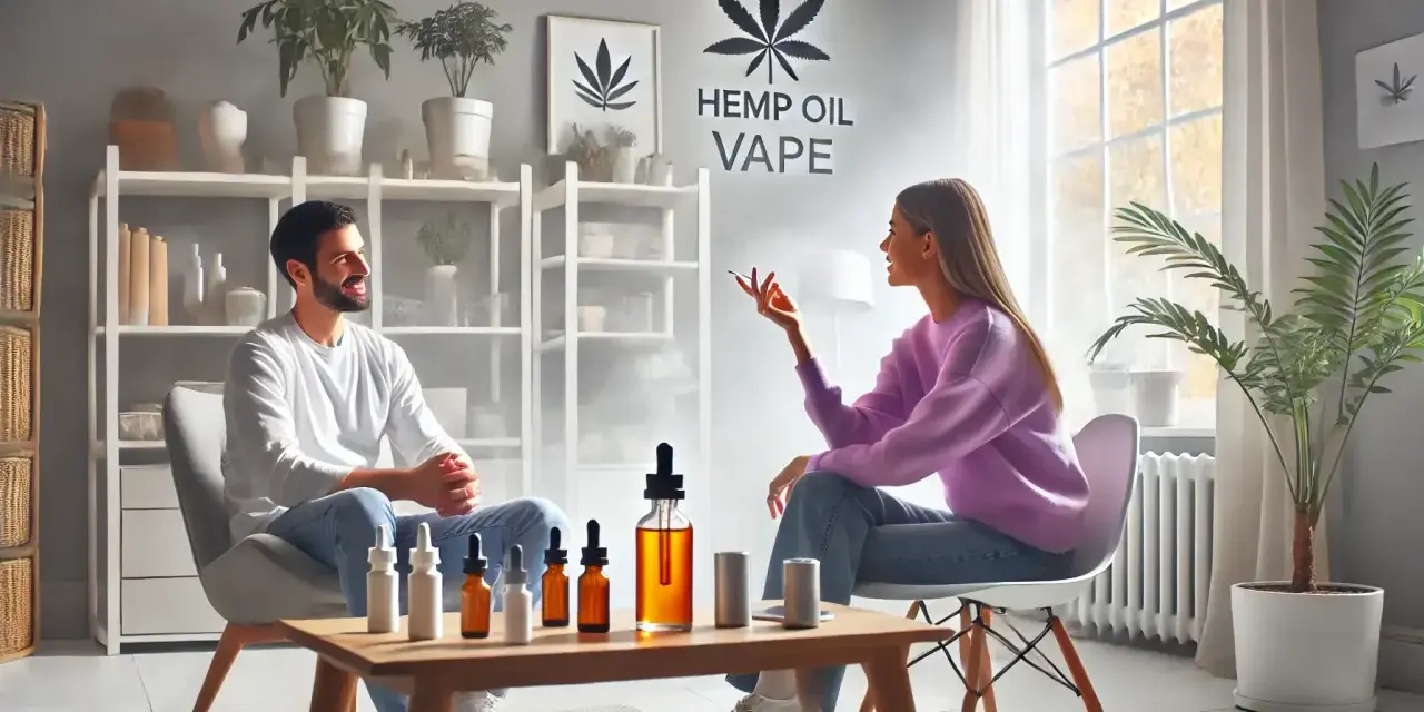 Pareja conversando sobre vap que es, con aceites de cáñamo y un vapeador en la mesa.