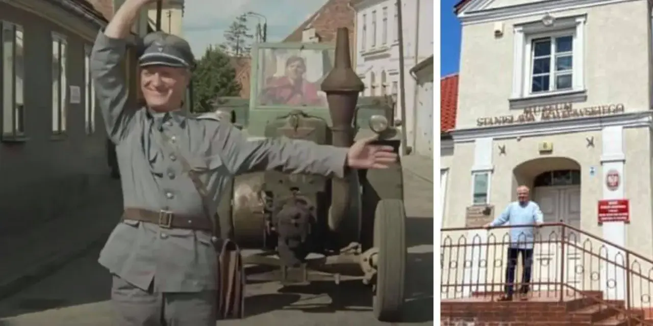 Scena z serialu "Gdzie kręcono Wiosna Panie Sierżancie" i współczesne zdjęcie Muzeum Stanisława Grzesiuka.