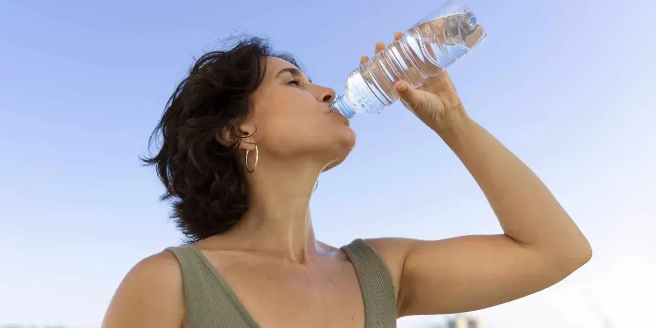 Donna beve acqua per combattere il caldo e la depressione, con il cielo azzurro sullo sfondo.