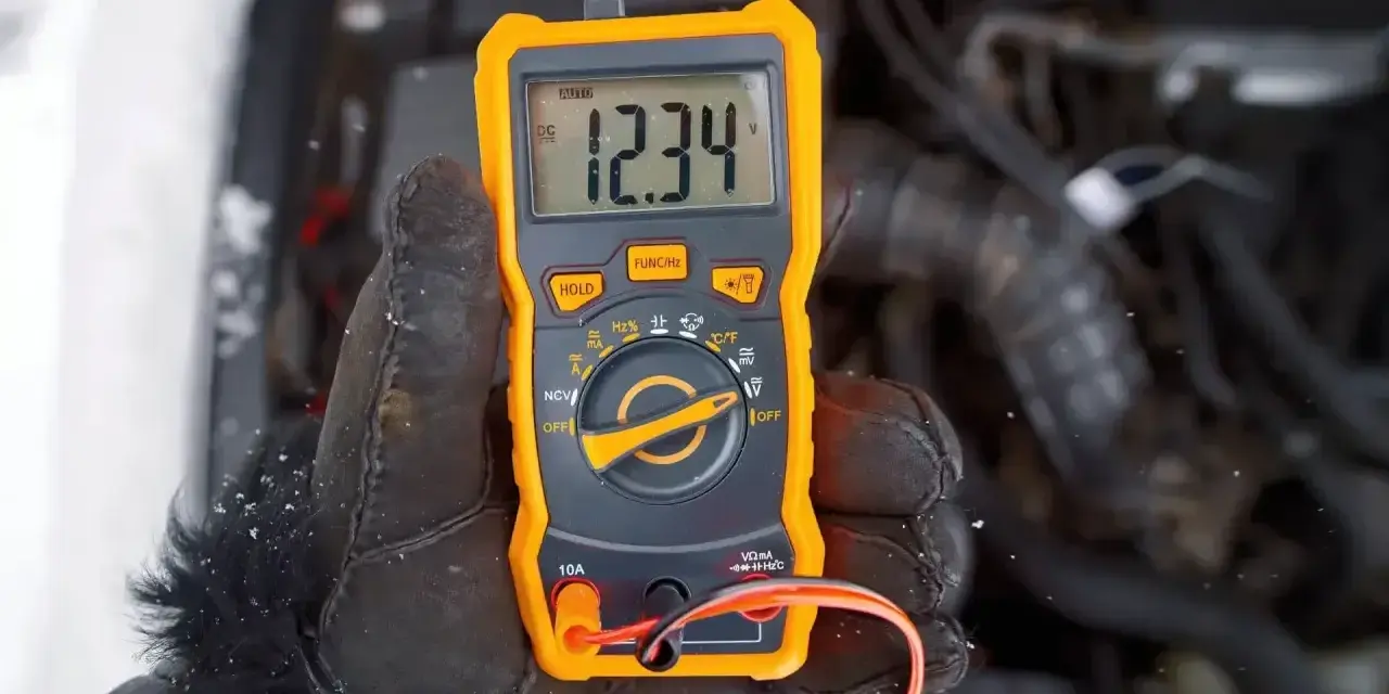 Ręka w rękawicy trzyma pomarańczowy multimetr, który pokazuje 12.34V. Auto nie odpala, akumulator sprawny, problem leży gdzie indziej.