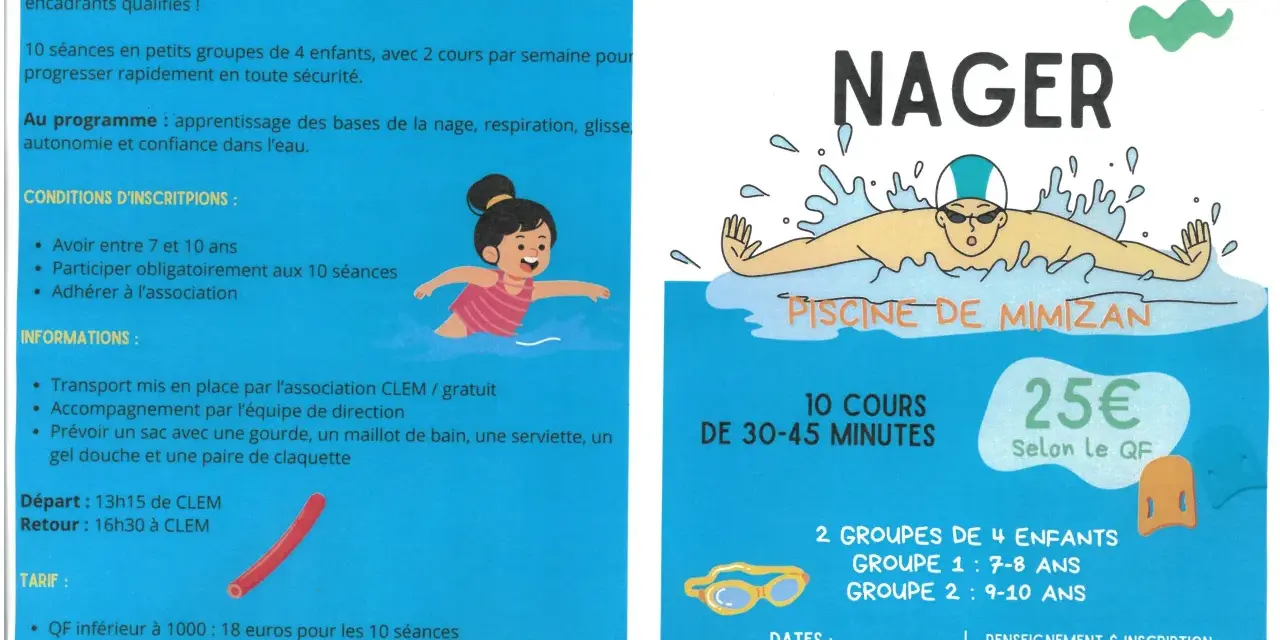 Affiche pour des cours de natation "Savoir Nager" pour enfants de 7 à 10 ans à Mimizan. Le programme inclut un diplôme de natation scolaire.