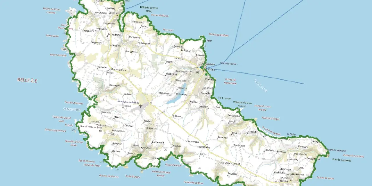 Carte de Belle-Île-en-Mer, montrant les côtes, les villages et les points d'intérêt de cette île bretonne.