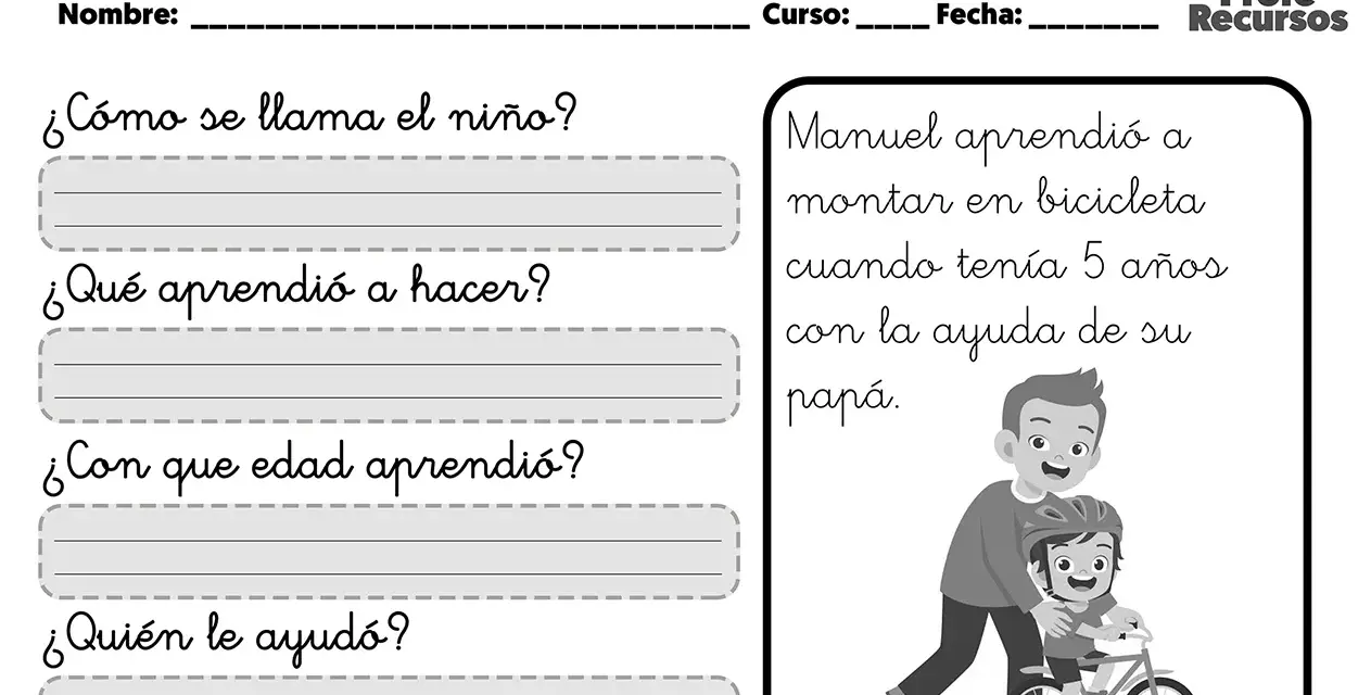 Ficha de comprensión lectora con preguntas sobre Manuel aprendiendo a montar en bicicleta con su papá.