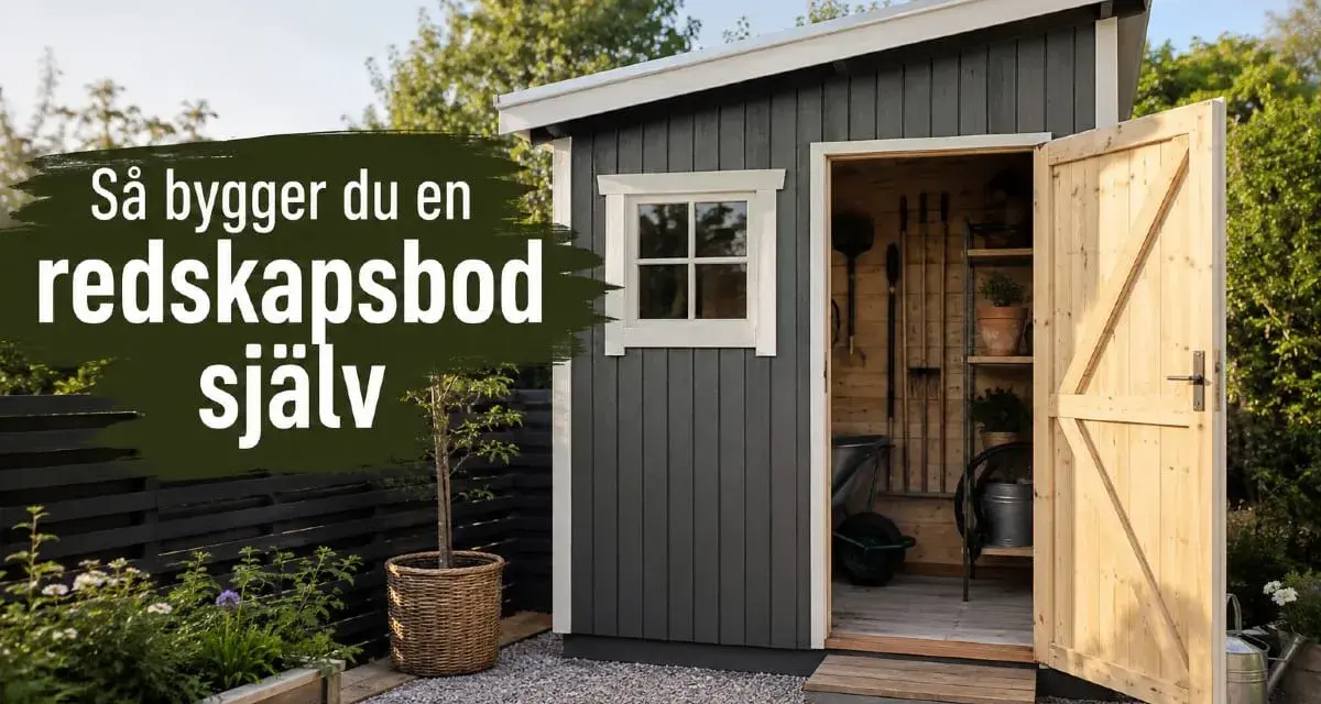 En mörkgrå redskapsbod med öppen dörr visar trädgårdsredskap. Texten "Så bygger du en redskapsbod själv" syns.