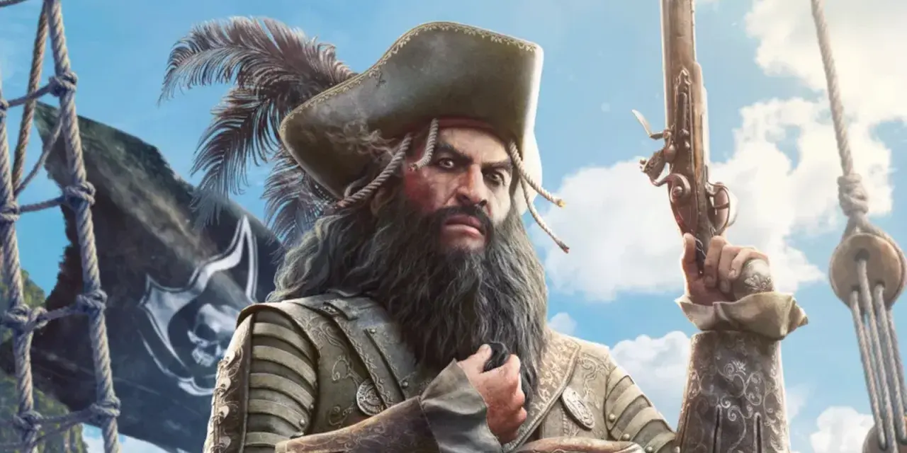 Piracki kapitan z pistoletem i czarną flagą z czaszką, jak z remake'u Black Flag.