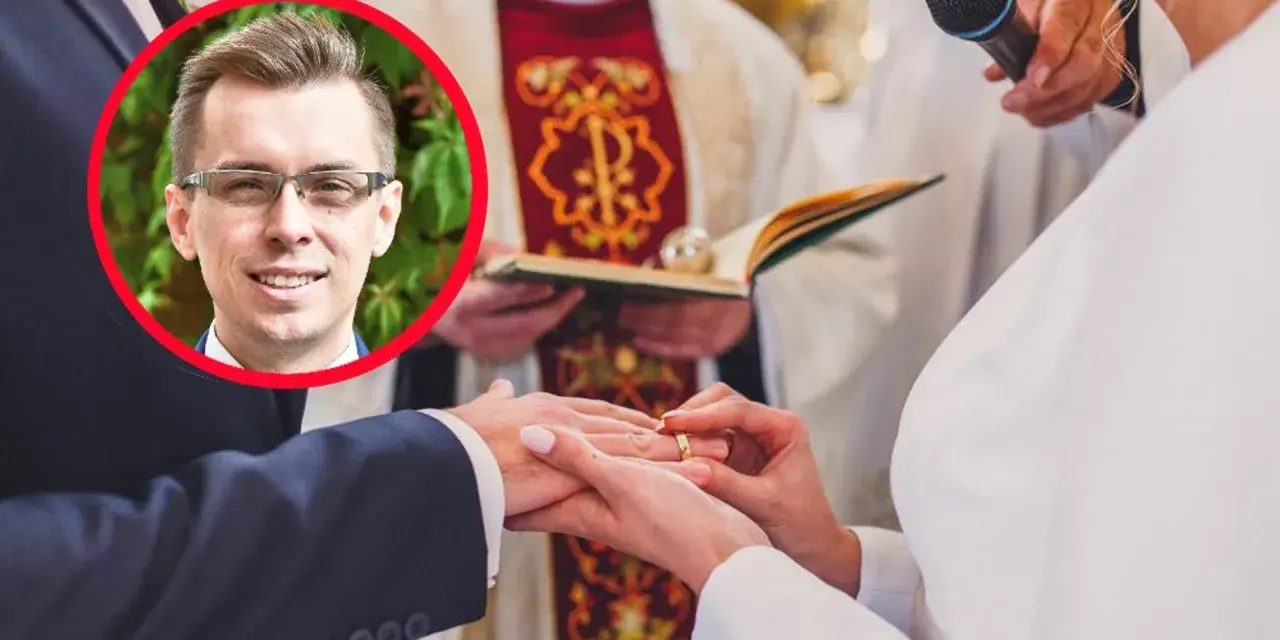 Mężczyzna w okularach w okręgu, obok ceremonii ślubnej. Rozważanie konsekwencji unieważnienia małżeństwa kościelnego.